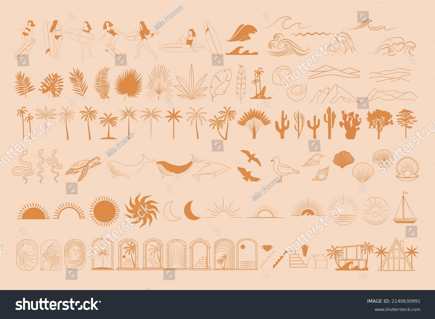 Collection of Summer Boho linear symbols, icons design. Sun, sea waves, palm. surfer, sea animals, moon, landscape. Editable Vector Illustration. #2140630991