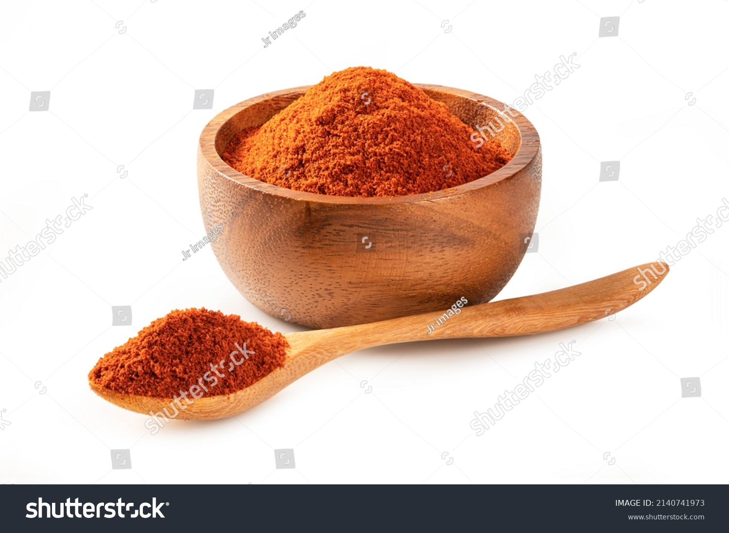 Paprika powder ( bell pepper) in wooden bowl and spoon isolated on white background. #2140741973