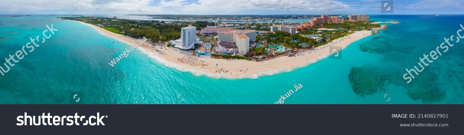 Paradise Island panoramic aerial view including Paradise Beach and The Royal Cove Reef Tower at Atlantis Hotel on Paradise Island, Bahamas. #2140827901