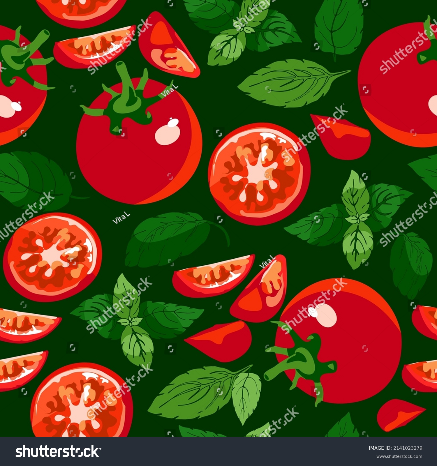tomato, whole, slices, basil leaves on a white background, seamless pattern, #2141023279