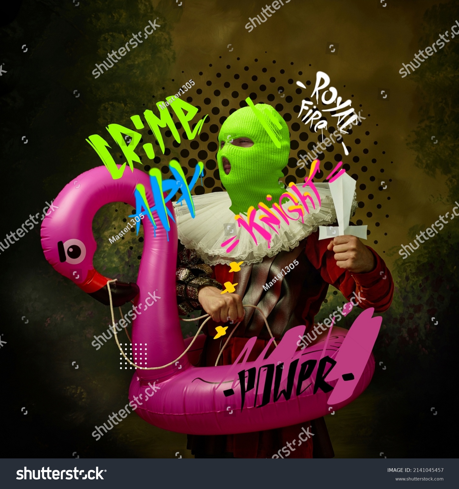 Contemporary art collage. Medieval knight, warrior in neon colored balaclava standing in pink flamingo swim circle isolated over dark vintage background. Swag style. Modern design #2141045457
