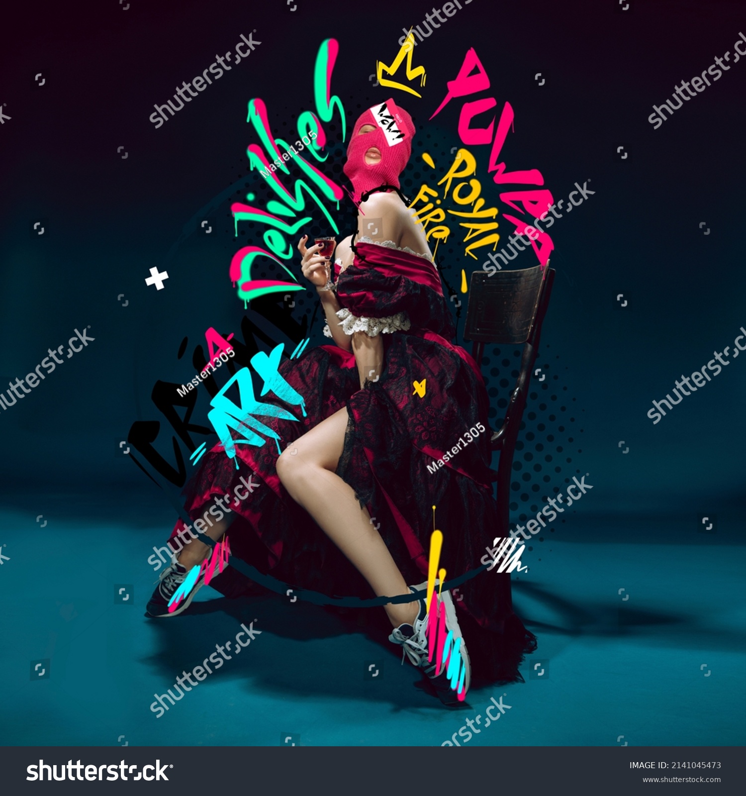 Contemporary artwork. Medieval royal woman, princess in renaissance dress, modern sneakers and balaclava isolated over dark background. Combination of modernity and past. Street style lettering design #2141045473