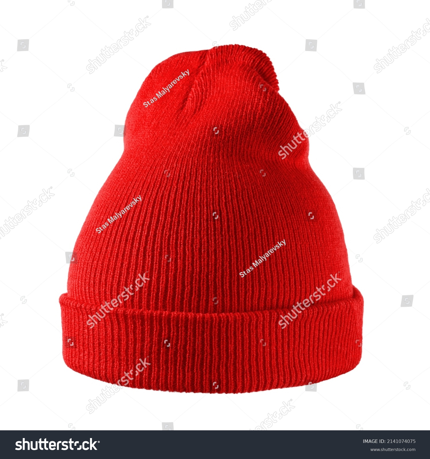 Red wool hat isolated on white background. knitted hat isolated on white background. Wool beanie variant, winter beanie hat. various styles of beanie hats isolate white background.  #2141074075