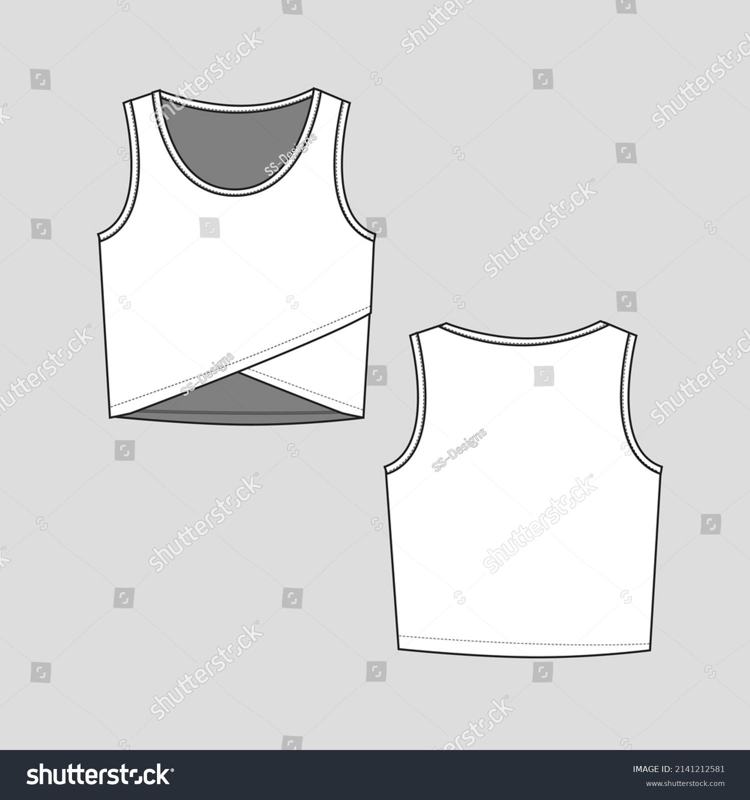 criss cross hem crop top sleeveless crew neck  fashion cropped flat sketch technical drawing template design vector #2141212581