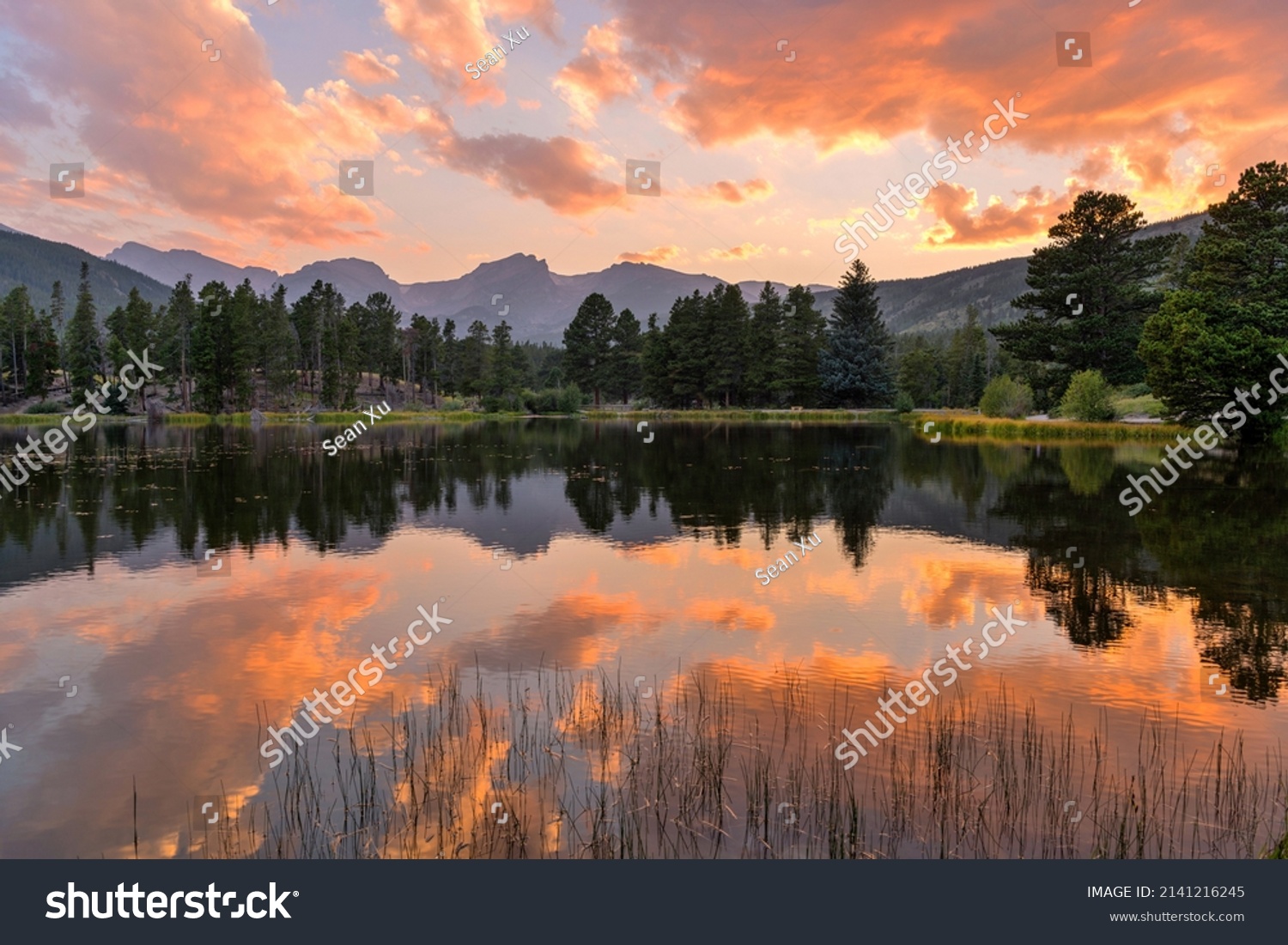 Summer Sunset at Sprague Lake - A panoramic Summer sunset view at Sprague Lake, with high peaks of Continental Divide rising at shore, Rocky Mountain National Park, Colorado, USA. #2141216245