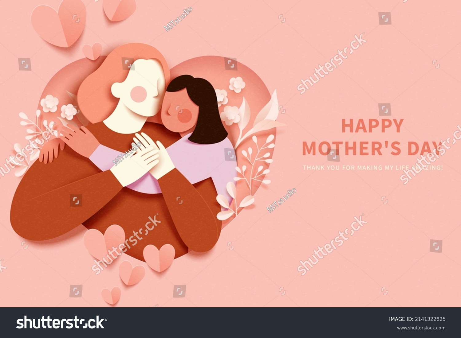 Minimal peach pink Mother's Day template in paper cut design. Young mother is cuddled by daughter. Concept of diverse family. #2141322825