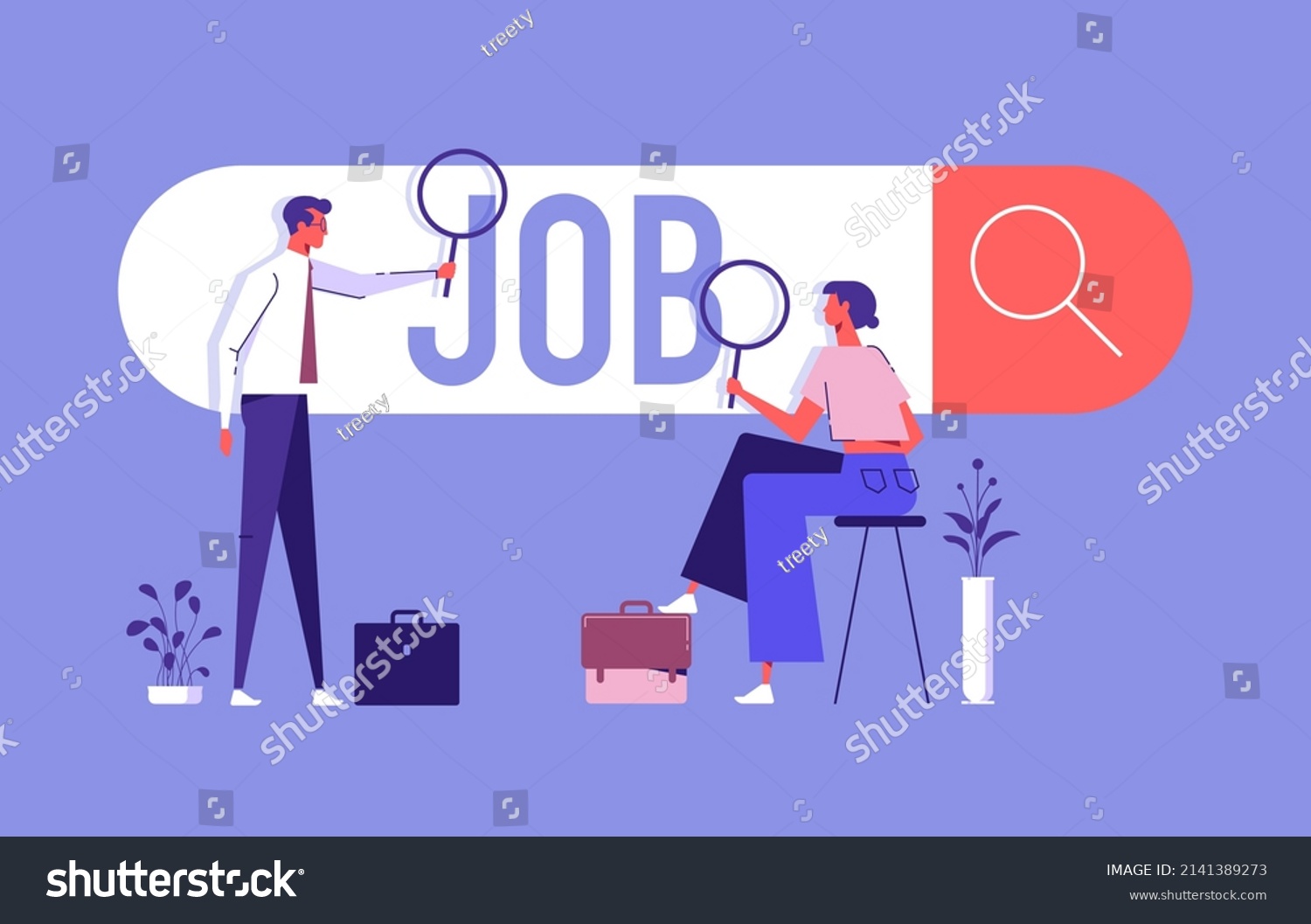 Employees looking for job, Employees using magnifying glass searching a job on the search bar, looking for employment and job vacancy concept #2141389273