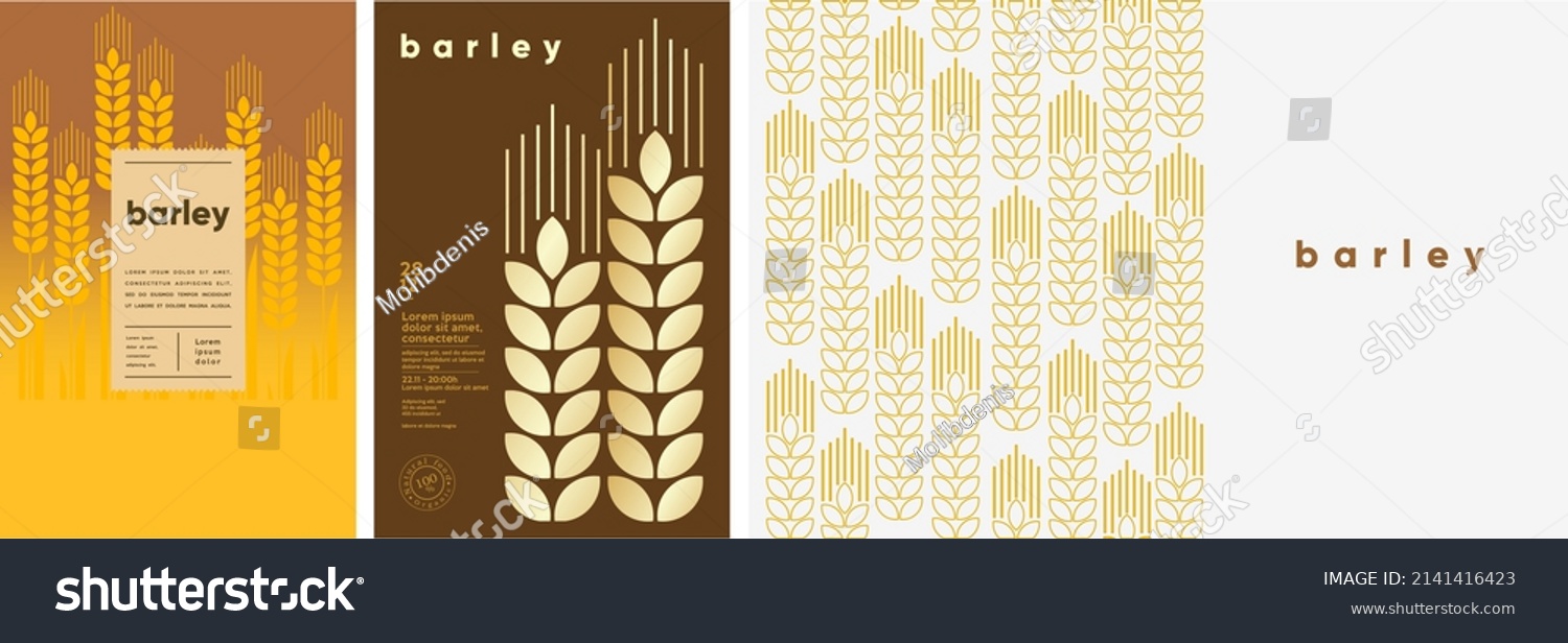 Barley. Food and natural products. Set of vector illustrations. Geometric, simple, linear style. Label, cover, price tag, background. #2141416423