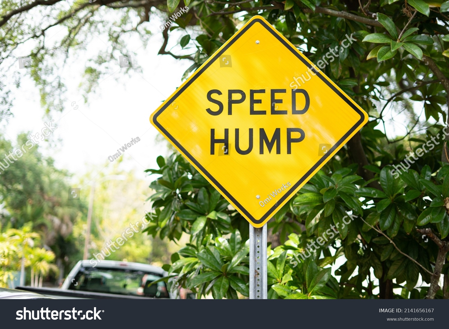 Yellow speed hump ahead warning sign on Florida neighborhood street #2141656167