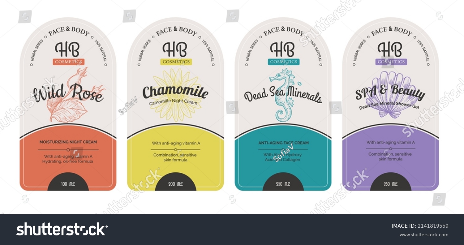 Dead sea minerals cream for beauty and skin care, isolated labels, and packages. Herbal tea, wild rose and chamomile tea, advertisement and emblems. Healthy ingredients. Vector in flat style #2141819559