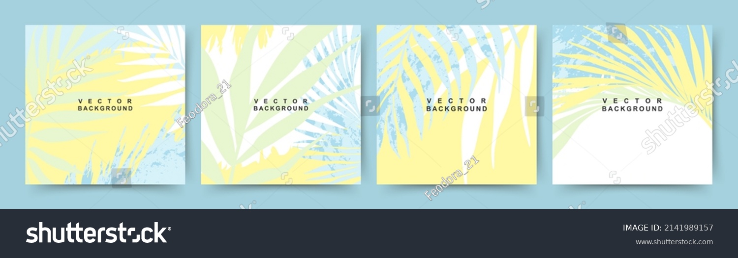 Summer backgrounds with tropical palm leaves. Texture in blue and yellow. Jungle and beach theme. Editable vector template  #2141989157