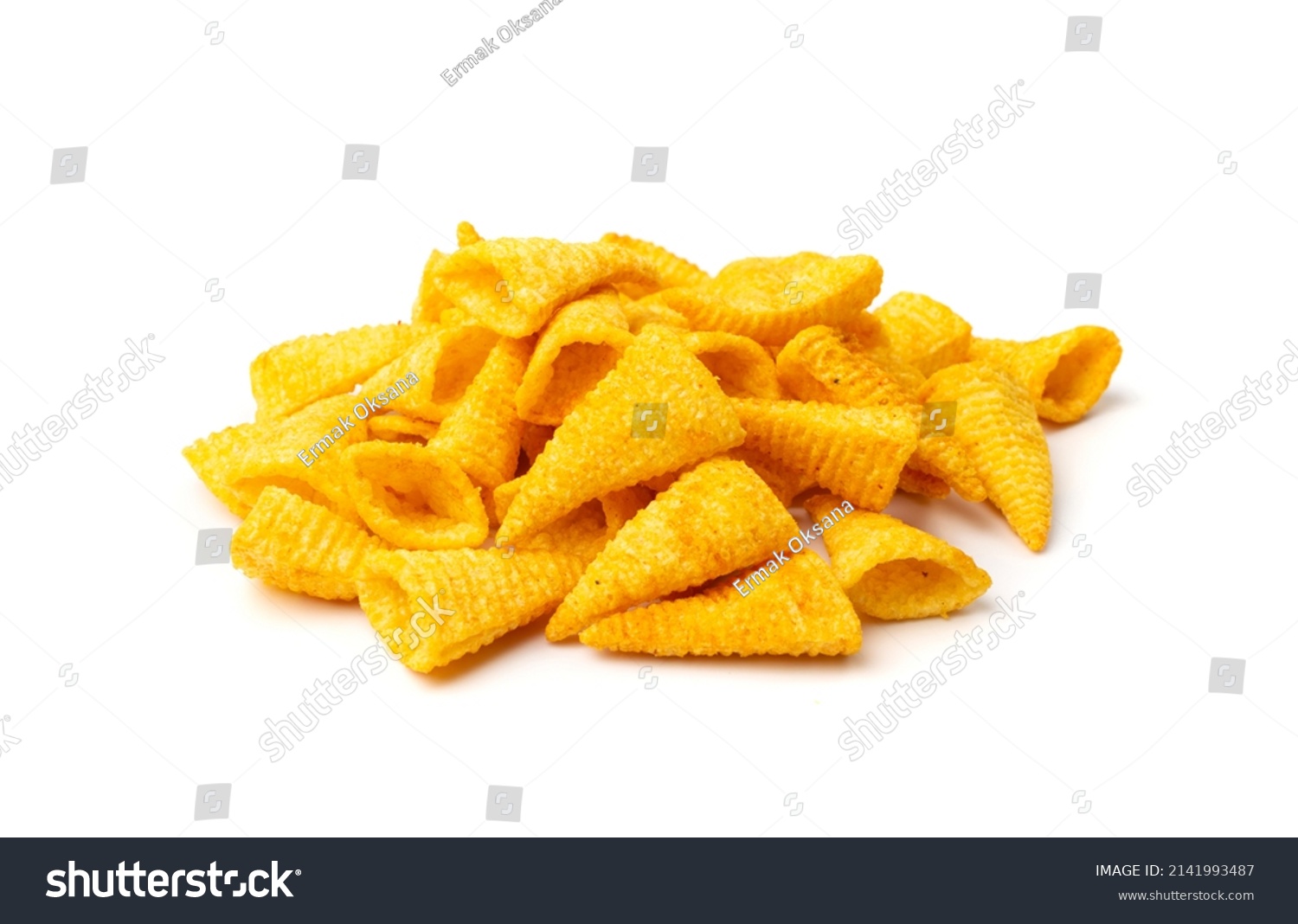 Corn cone pile isolated. Bugles chips, puffs with spices, crunchy puffed snacks, salty corn cones #2141993487