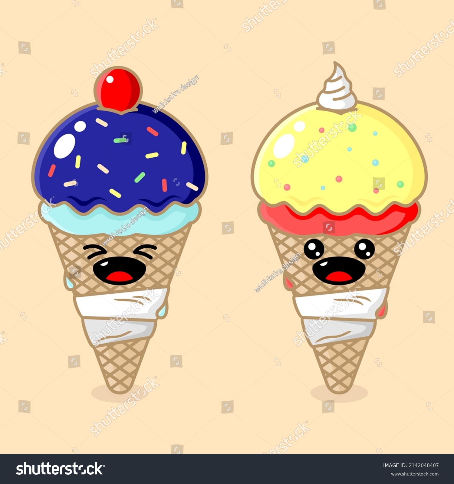 Vector Cute Cartoon Ice Cream Character With Two Royalty Free Stock Vector 2142048407 