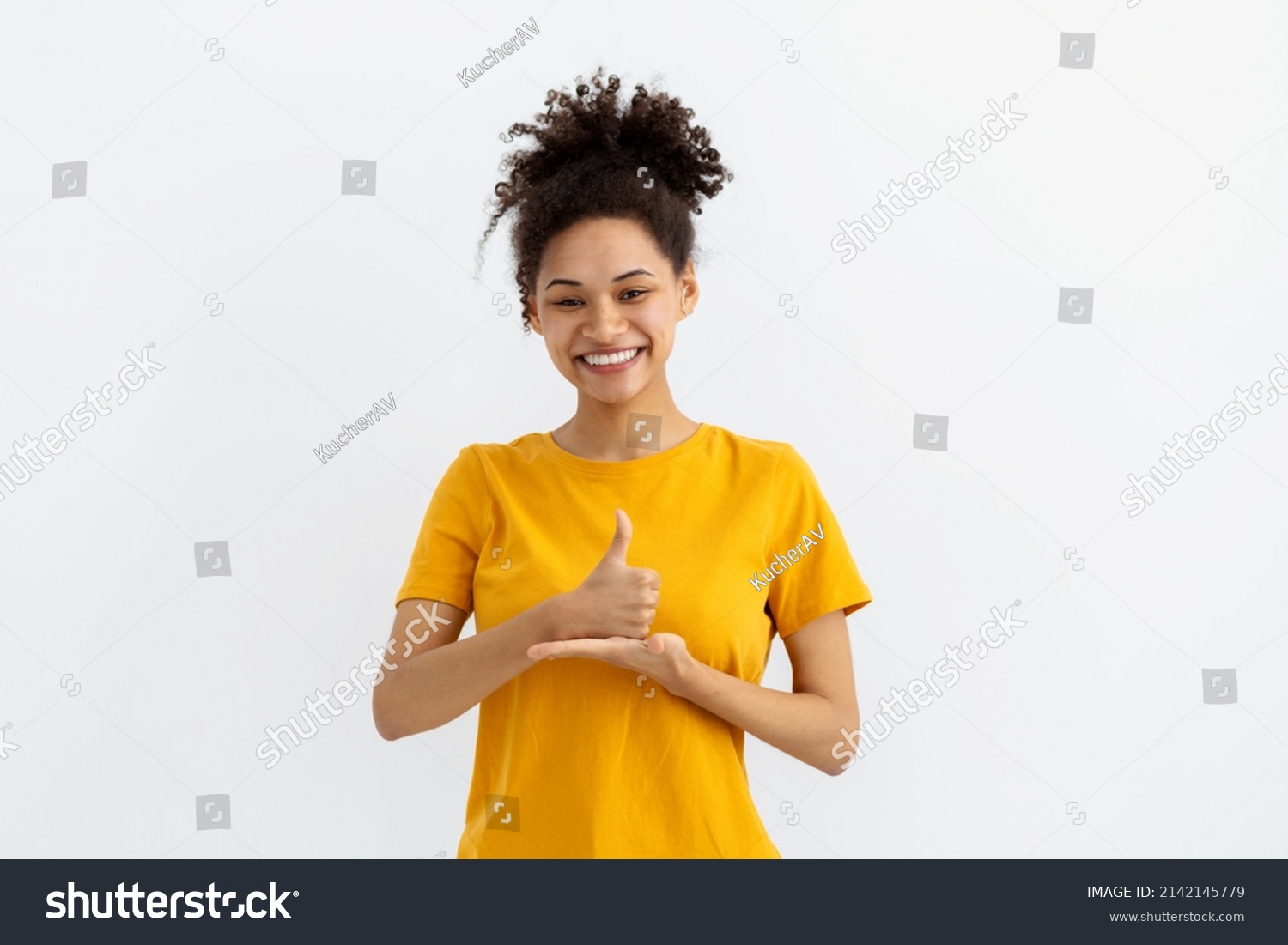 Deaf mute young African American woman on white background #2142145779