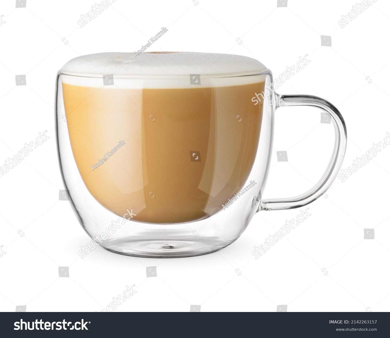 Flat white coffee in a transparent double wall glass cup isolated on white background. #2142263157