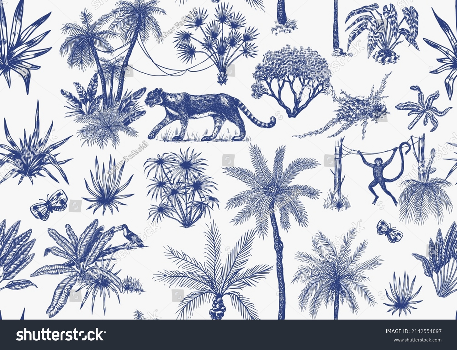 Toile De Jouy banner. Wild tiger and exotic plants. Seamless pattern. Toucan bird and monkey. Exotic Tropical trees. Eastern landscape. Linear Jungle. Hand drawn sketch in vintage style. #2142554897