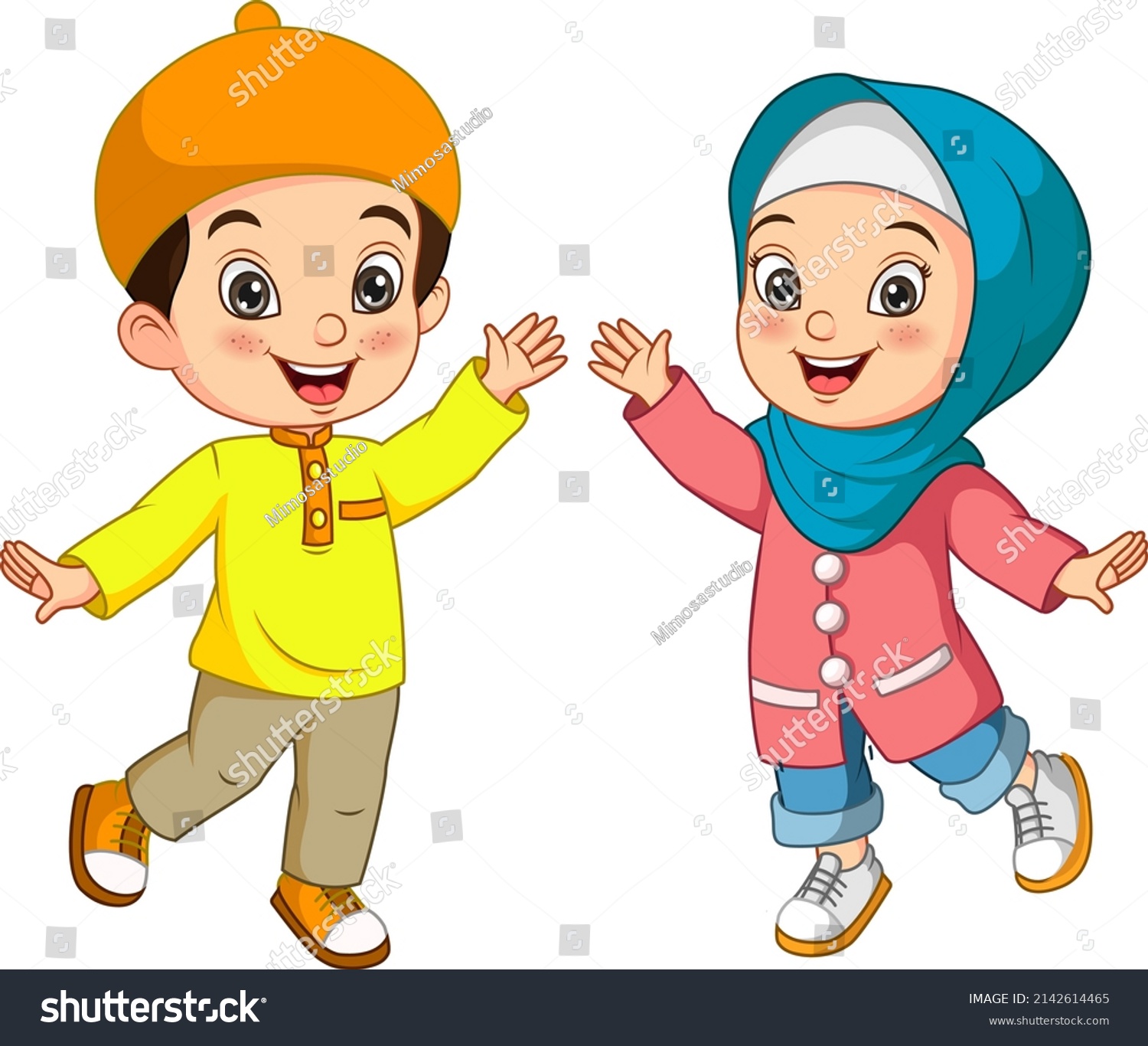 Happy Muslim Boy And Girl Cartoon - Royalty Free Stock Vector ...