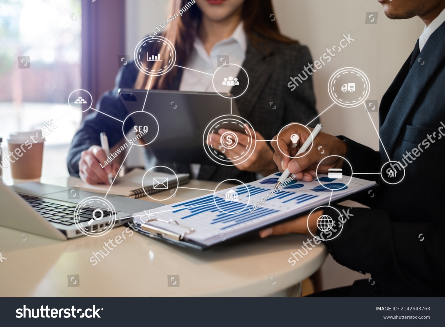 Business team present. professional investor working new start up project. .Digital tablet laptop computer Finance managers meeting with digital marketing media  in virtual icon  #2142643763