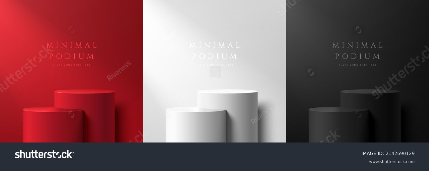Set of abstract 3D room with white, dark red and black realistic steps cylinder pedestal podium. Vector rendering geometric forms design. Minimal scene. shadow. Stage showcase, Mockup product display. #2142690129