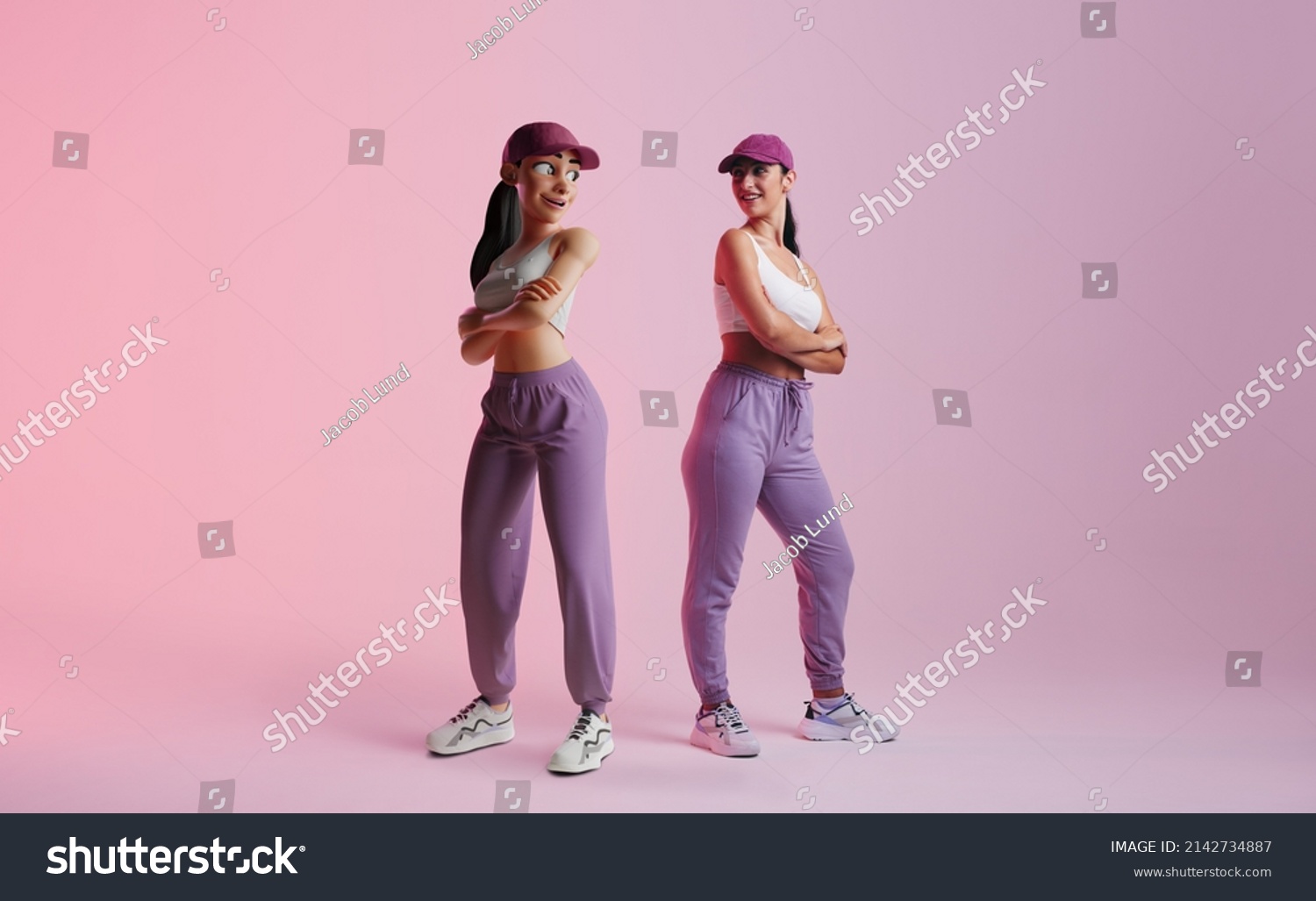 Happy young woman standing next to her metaverse avatar in a studio. Cheerful young woman smiling at the 3D simulation of herself. Young woman exploring virtual reality. #2142734887