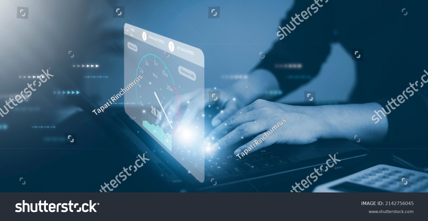 Fast internet connection with Metaverse technology concept, Hand holding smartphone and Virtual screen of Internet speed measurement,Internet and technology concept, 5G Hi speed internet concept #2142756045