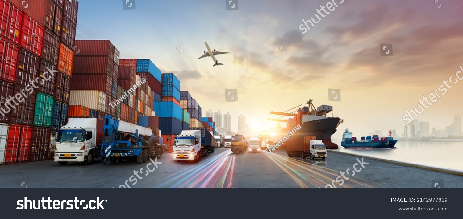 Global business of Container Cargo freight train for Business logistics concept, Air cargo trucking, Rail transportation and maritime shipping, Online goods orders worldwide #2142977819