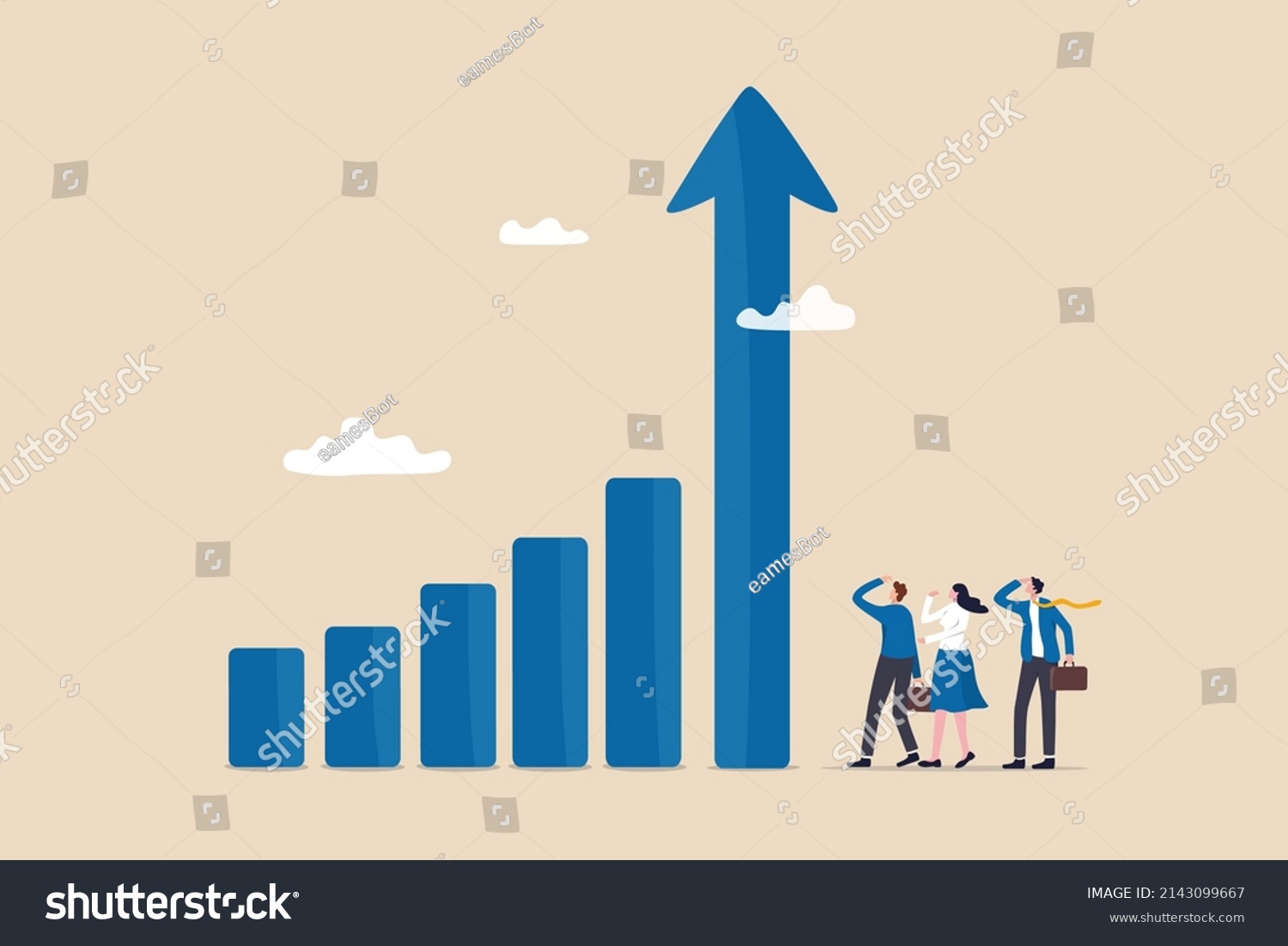 Grow business increase sales and profit, growth or progress to achieve goal and target, improve or development to boost performance concept, business people team looking at high rising up graph arrow. #2143099667