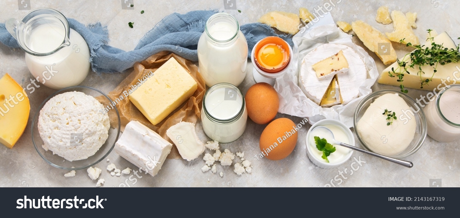 Fresh diary products on light background. Halthy food concept. Top view, flat lay, copy space
 #2143167319