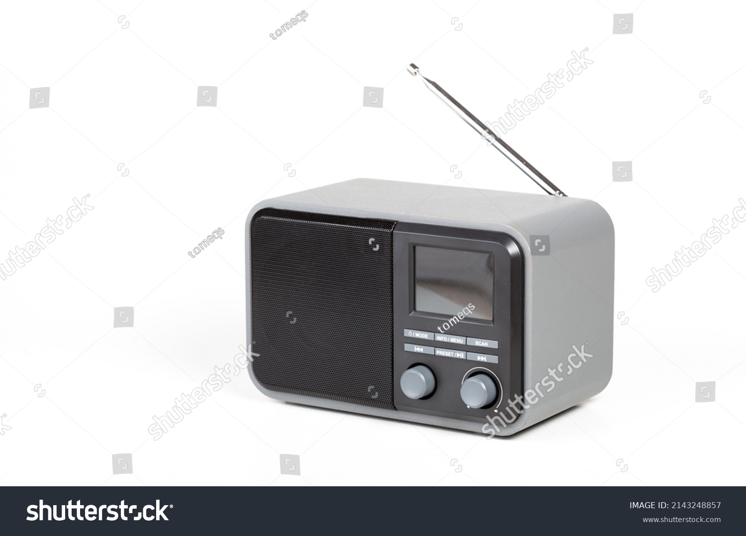 Simple small generic digital and analog home radio receiver device, object isolated on white, cut out. AM FM bands modern radio product, DAB, DAB+, internet radio receiver technology broadcast concept #2143248857