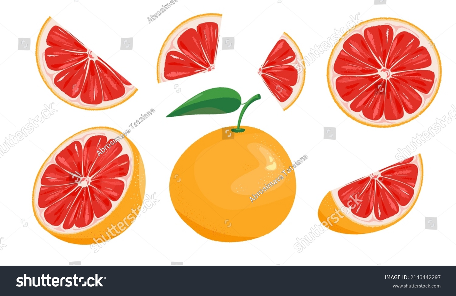 Grapefruit collection.A set of grapefruit icons, slices, grapefruit cut in half, circles.Vector illustration of grapefruit for advertising, social networks, websites. #2143442297