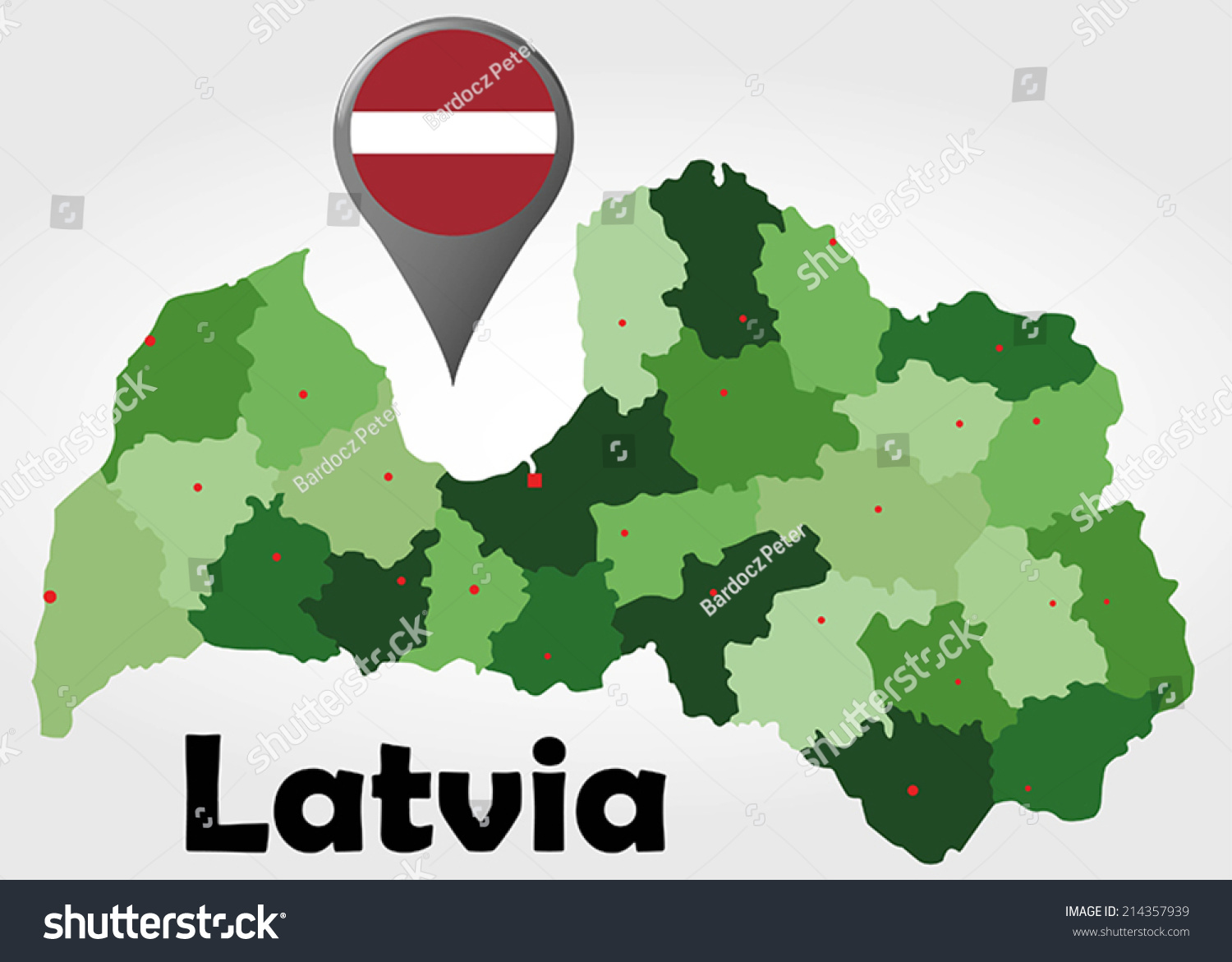 Latvia political map with green shades and map pointer. #214357939