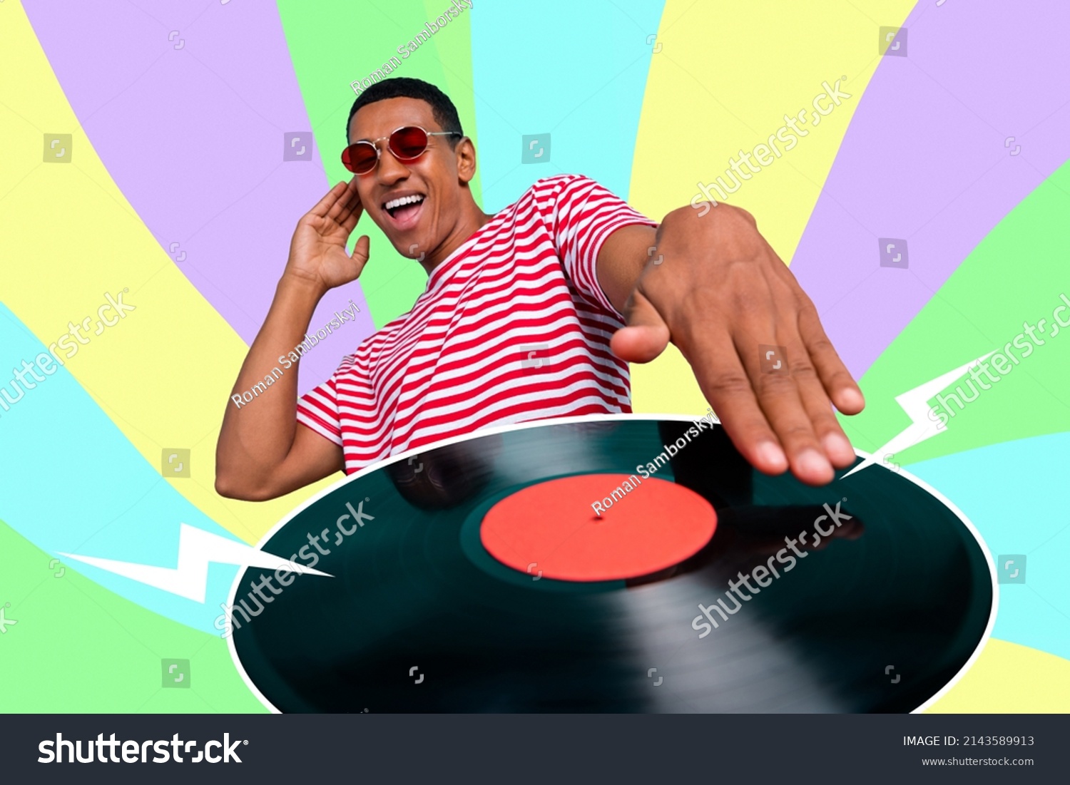 Funky stylish trend cartoon photo of amazing deejay guy playing old school record retro student chill entertainment stereo rave quality concert #2143589913