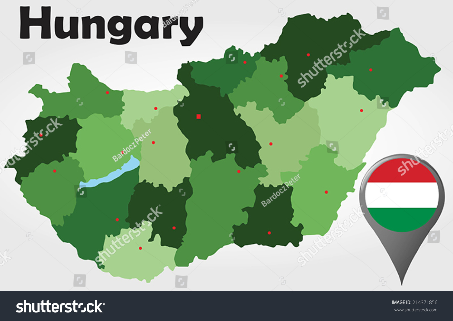 Hungary political map with green shades and map pointer. #214371856