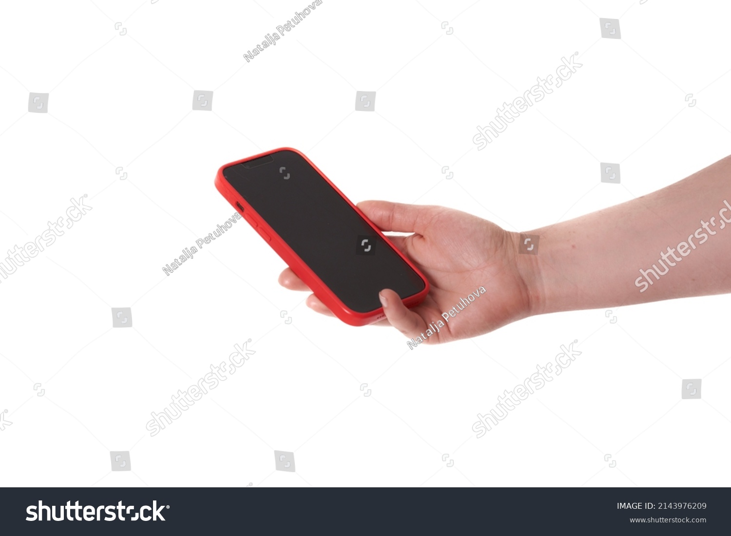 Man hand holding black smartphone isolated on white background, clipping path #2143976209