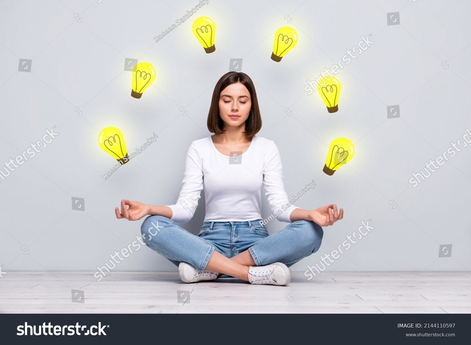 Teamwork business collaboration problem solving concept young girl sitting floor lotus position meditating inner harmony brilliant idea #2144110597