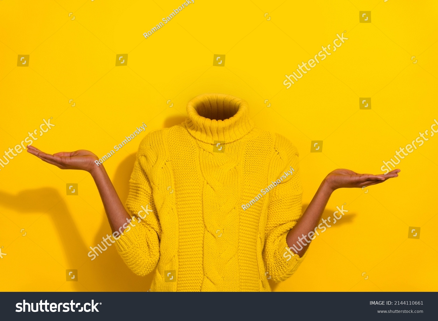 Conceptual photo image headless girl portrait raise two arms demonstrating novelty promotion no emotions just business isolated on yellow background #2144110661