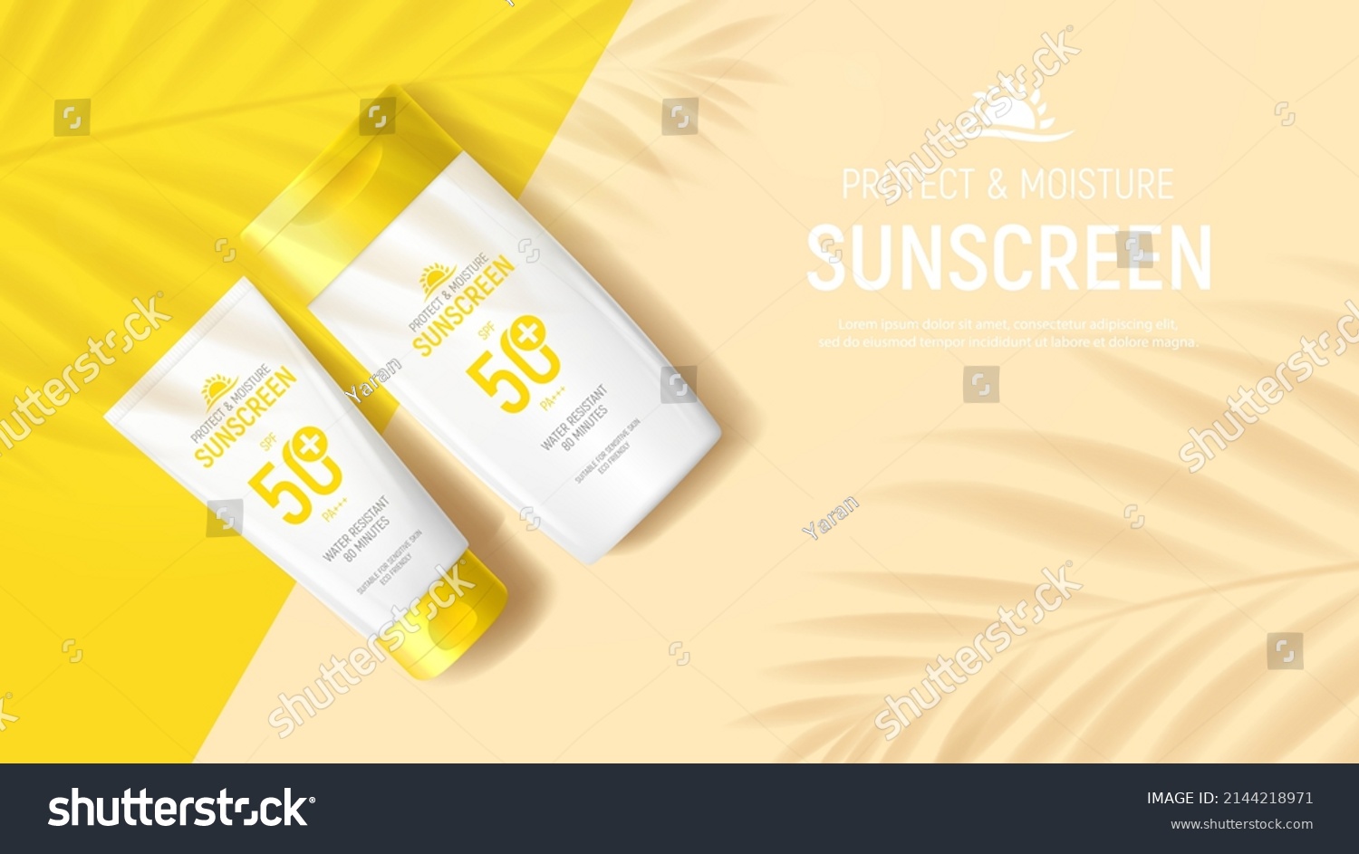 Sunscreen ad banner template. Banner with tube and jar of sunscreen on color background with shadows of tropical plants. Vector 3d ad illustration for promotion of summer goods. #2144218971