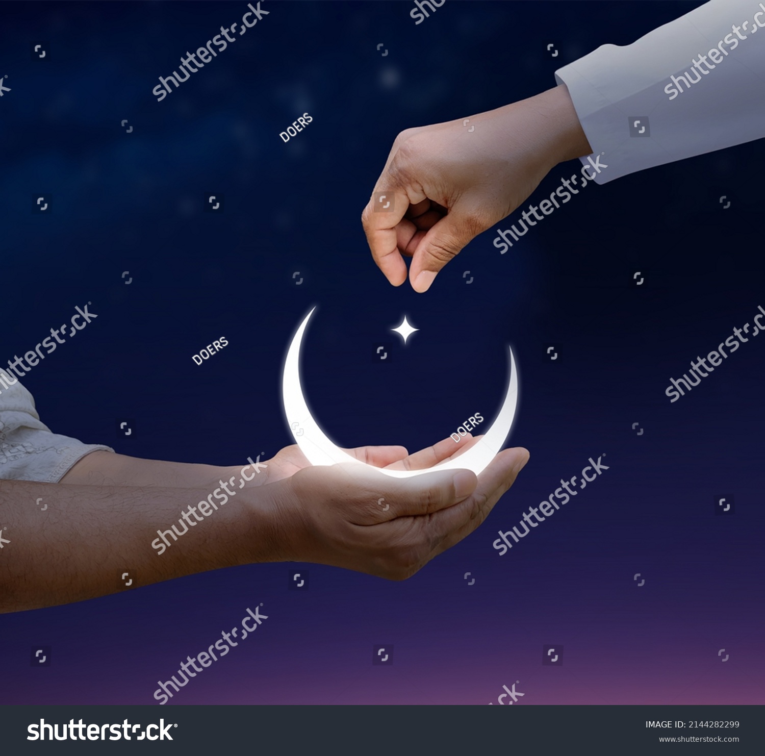 Eid al-Fitr and Ramadan concept background. Giving zakat or sadaqah to poor people Islamic concept background. #2144282299