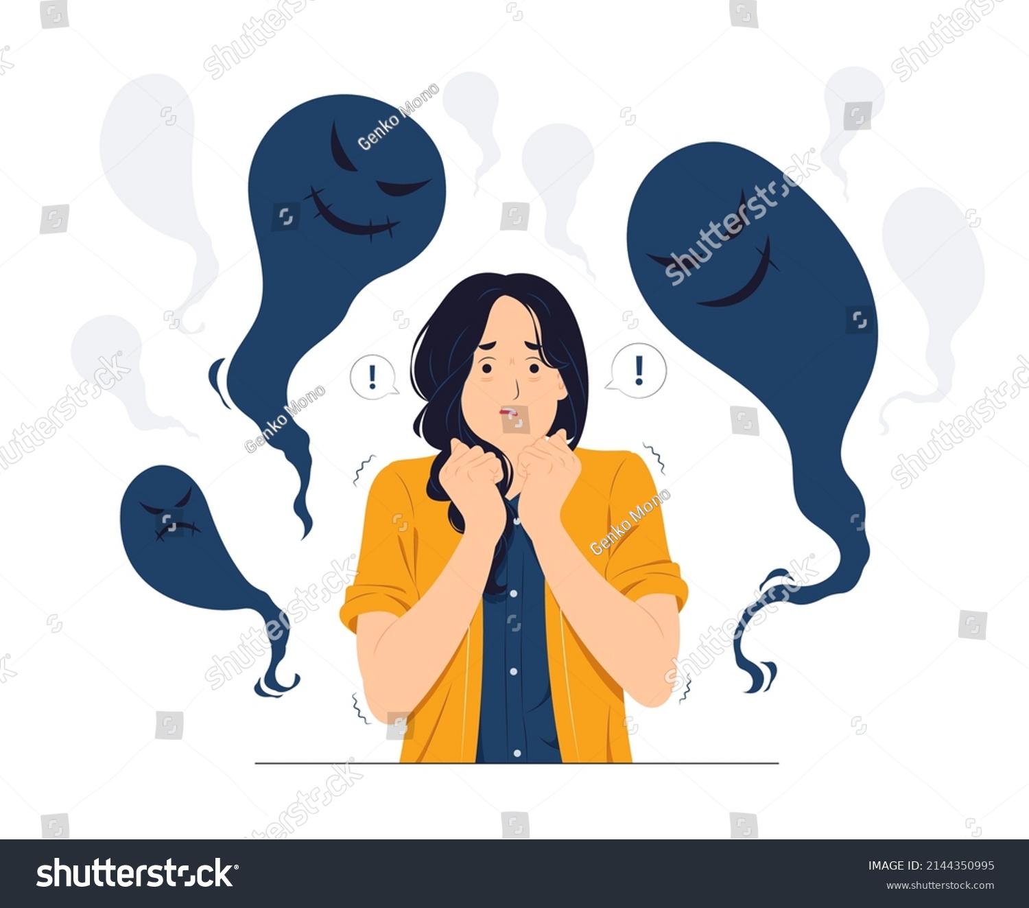 Woman with Schizophrenia, post-traumatic stress mental disorder, shocked, scared, panic, anxiety, frustrated, fear and terrified concept illustration #2144350995