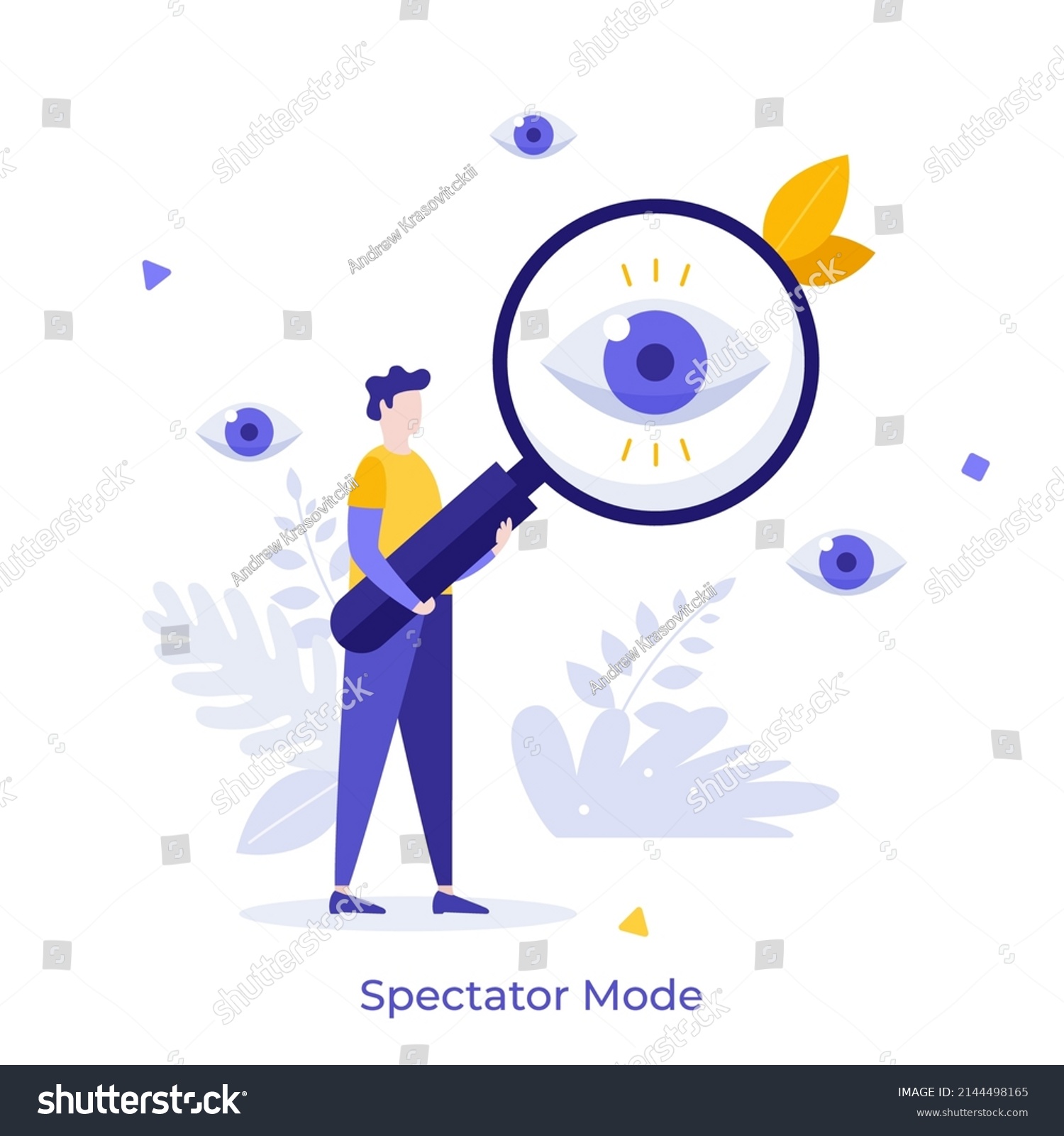 Person looking at eye through magnifying glass. Concept of spectator or observer mode, privacy option, setting to disguise internet presence. Modern flat vector illustration for banner, poster. #2144498165