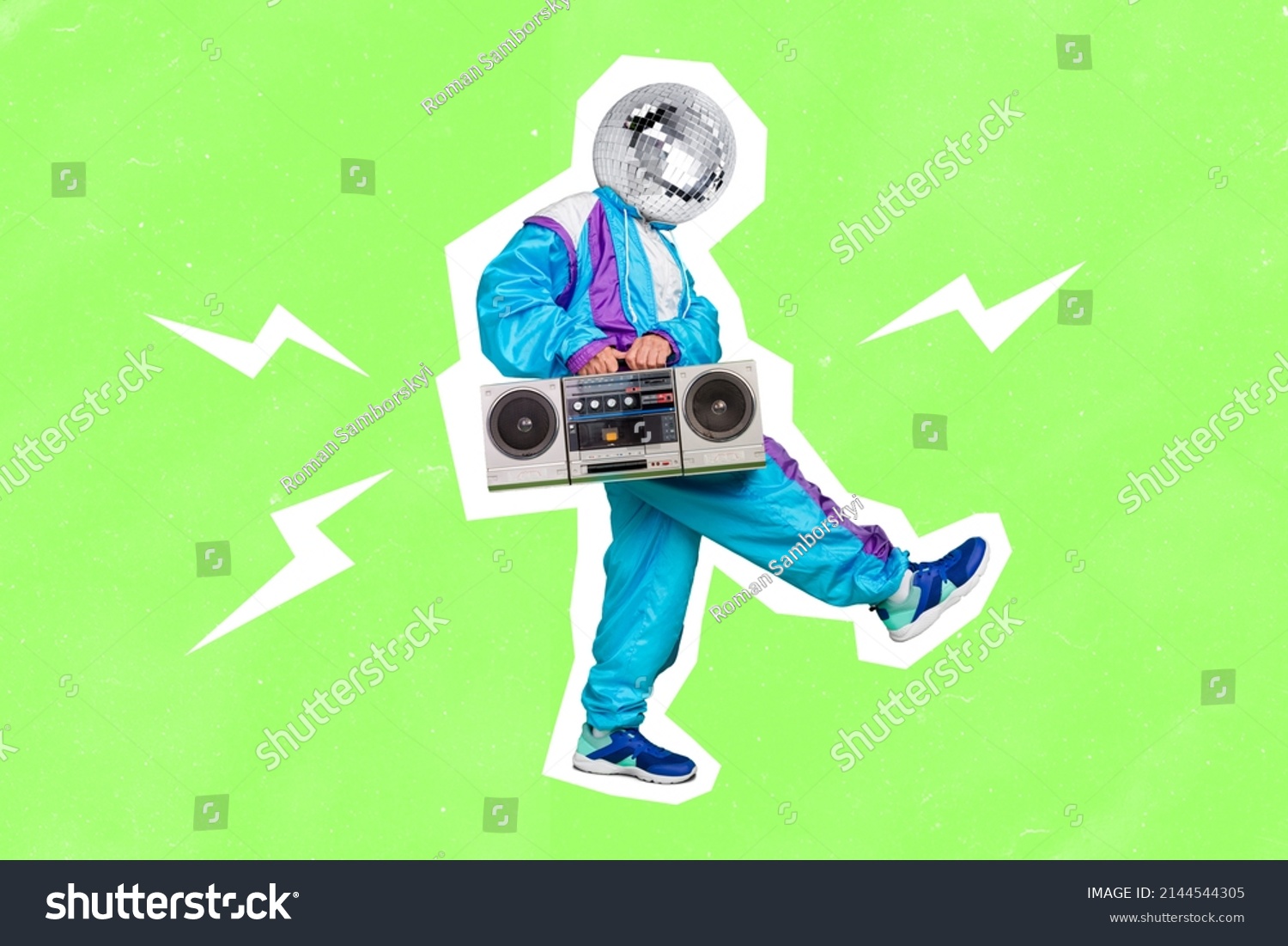 Illustration of male dude walking dancer hold boom box player retro chill have disco ball on head silhouette painted white color green background #2144544305