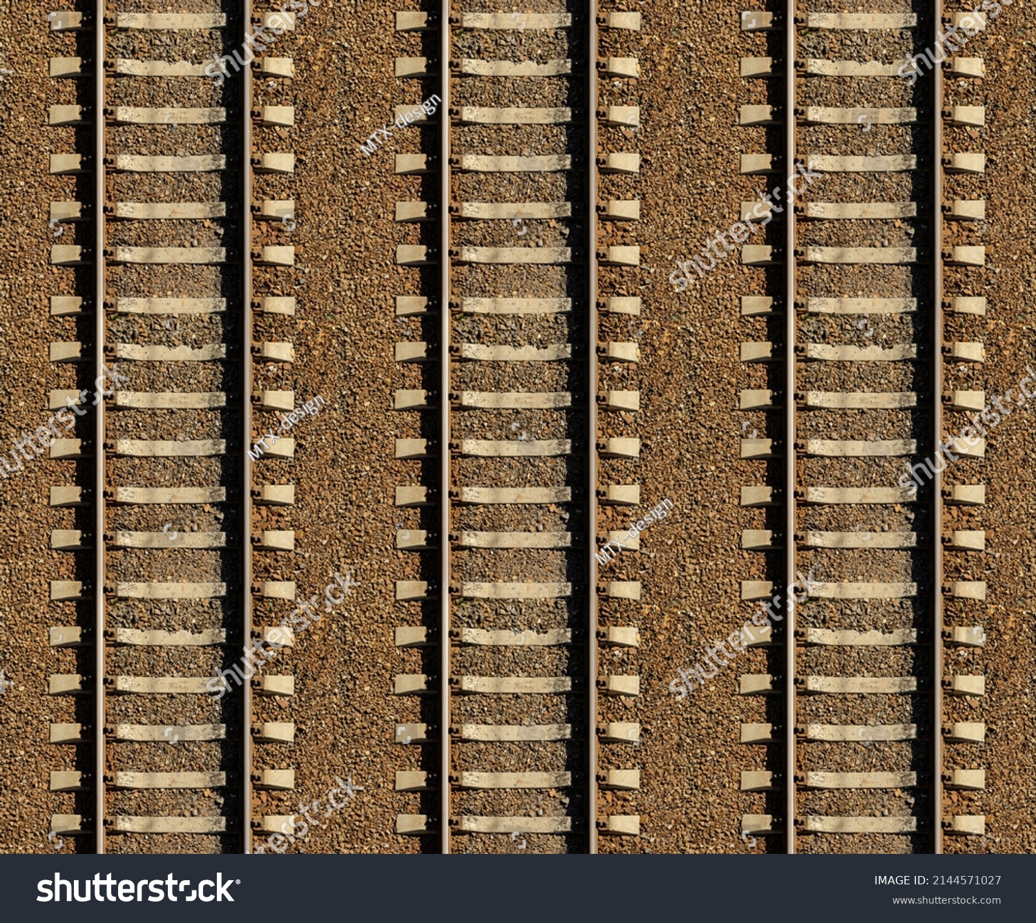 Seamless railroad Pattern, backdrop with space for text. Top view. Shiny iron rails and concrete sleepers, coupled with powerful bolts on stony ground, fortified rubble overgrown #2144571027