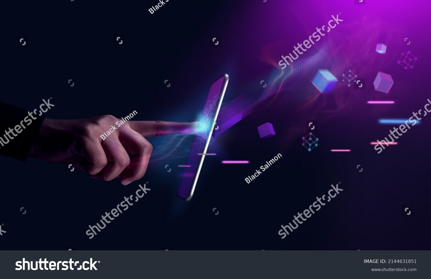 Metaverse and Blockchain Technology Concepts. Person with an Experiences of Metaverse Virtual World via Smart Phone. Futuristic Tone. Conceptual Photo #2144631851