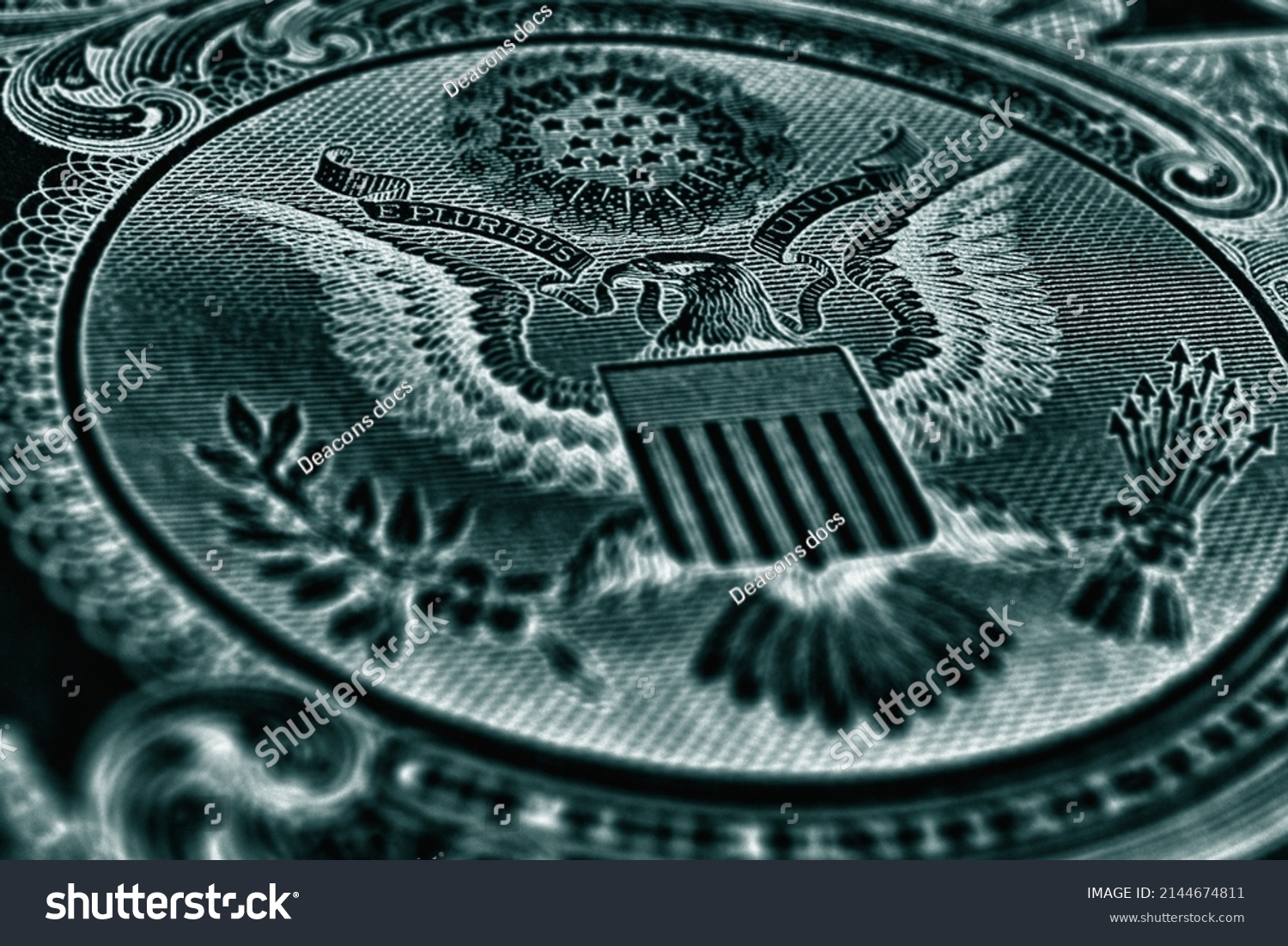 1 US dollar. Fragment of banknote. Reverse of bill with the Great Seal. The bald eagle is the national symbol. Dark blue-green inverted background. American treasury and treasuries. Economy of the USA #2144674811