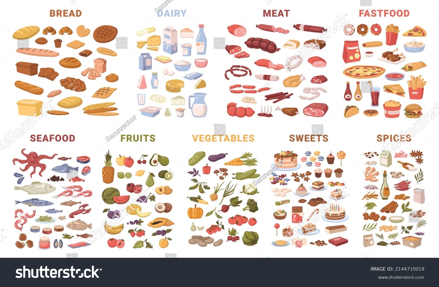 Set of food, isolated butchery and grocery products. Vector in flat style, bread pastry and dairy, meat and fast-food, seafood and fruits, vegetables and sweets spices, fastfood and takeaway snacks #2144710019