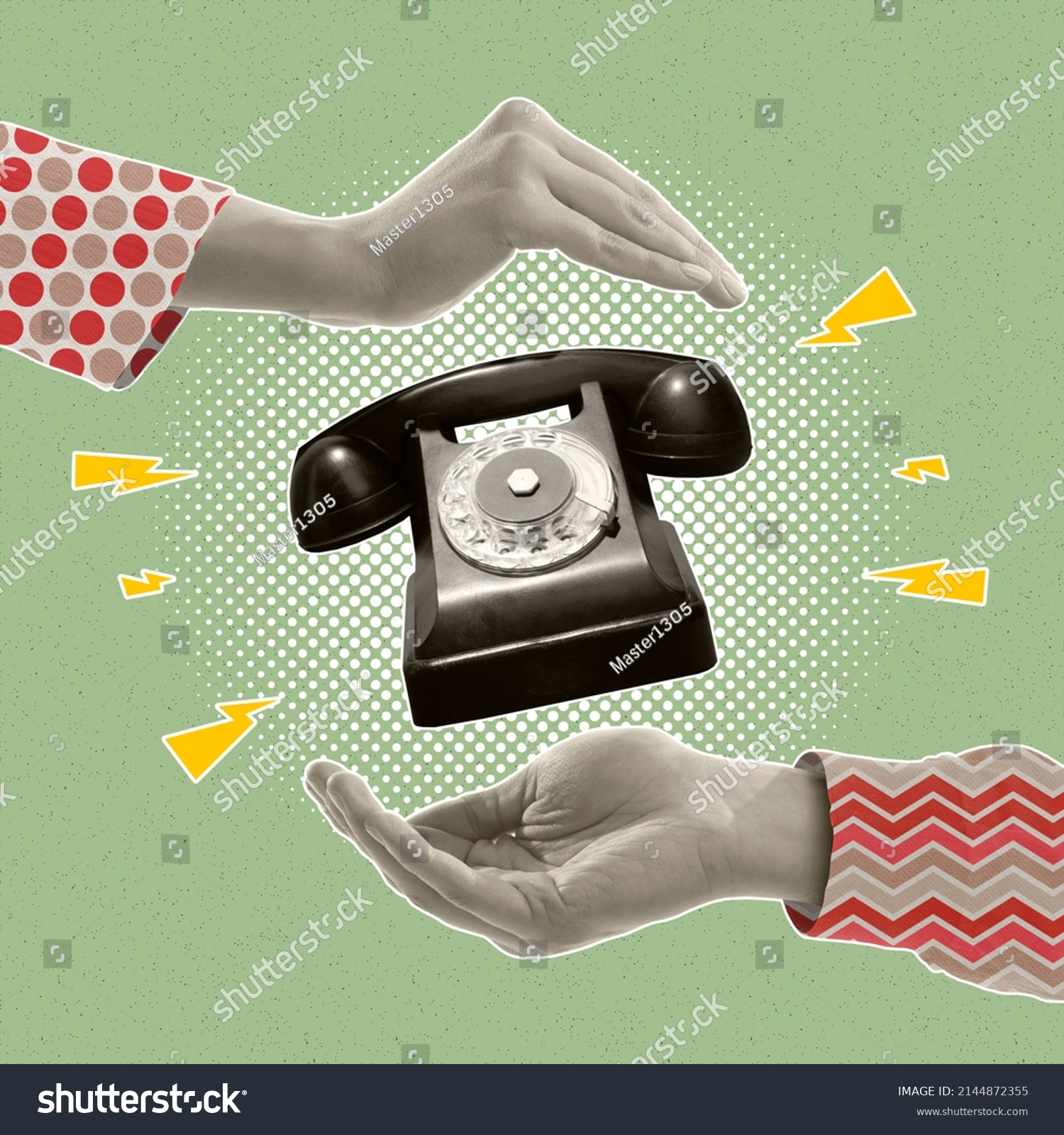 Contemporary art collage. Human hands holding retro vintage phone isolated over green background. Communication. Concept of style, retro, art, creativity, imagination. Copy space for ad #2144872355