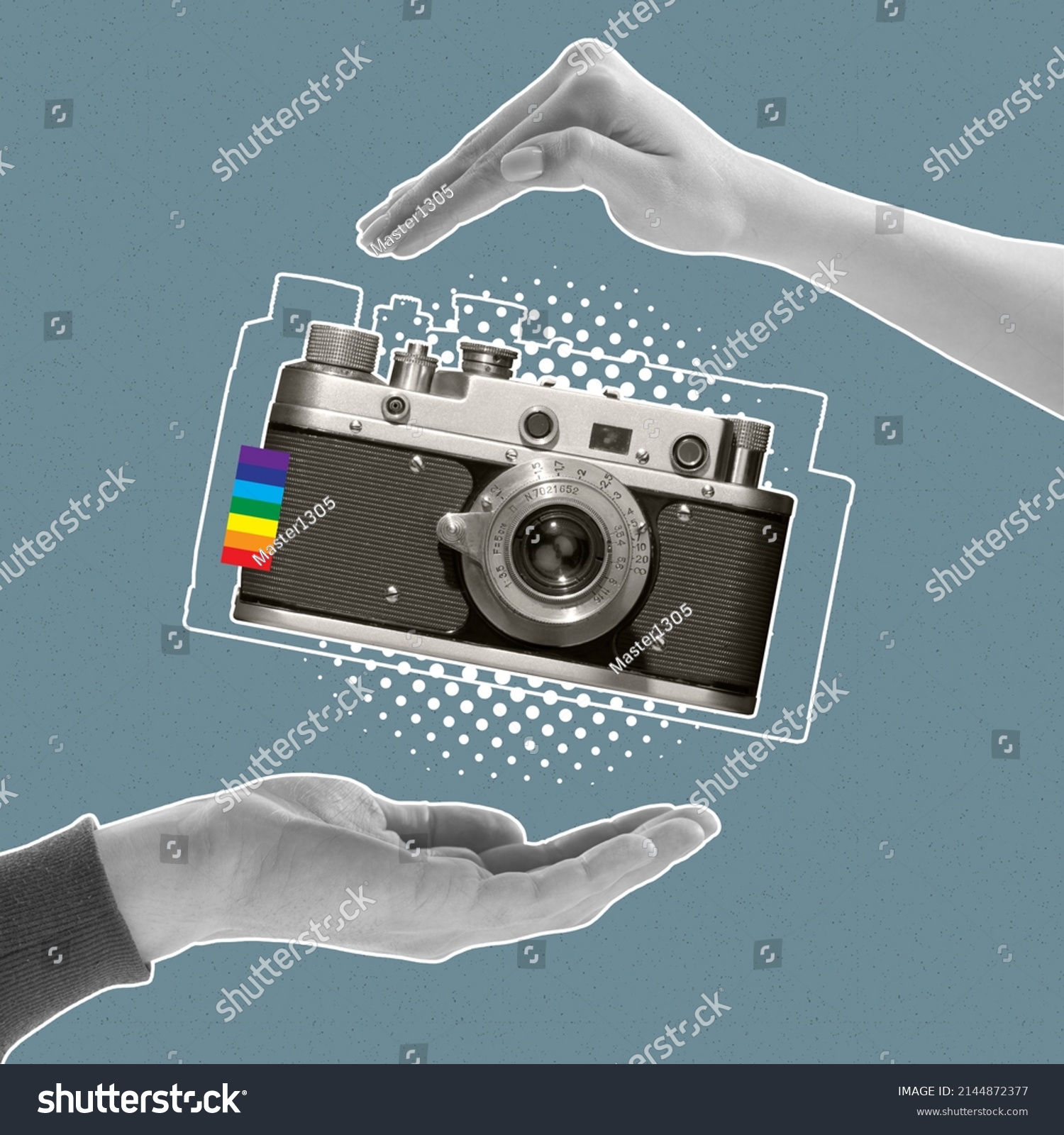 Contemporary art collage. Human hands holding retro camera isolated over blue backgroud. LGBTQIA support. Concept of vintage fashion, style, retro, art, creativity, imagination. Copy space for ad #2144872377