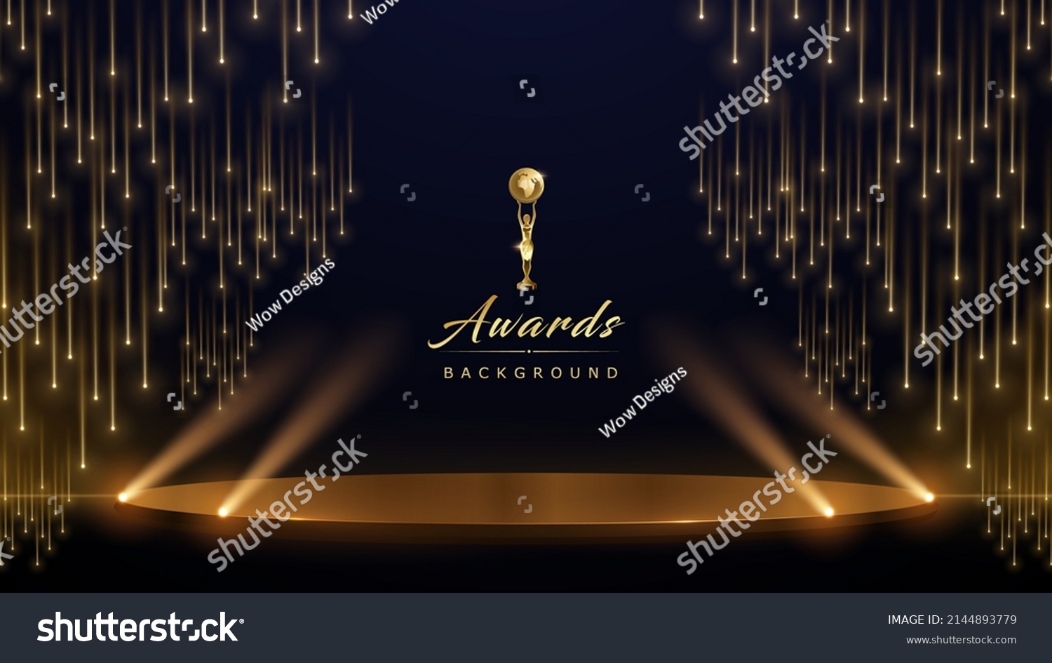 Golden Stage Spotlights Royal Awards Graphics Background. Lights Elegant Shine Modern Template. Space Falling Star Particles Corporate Template. Classy speedy lines Abstract trophy Certificate Banner. #2144893779