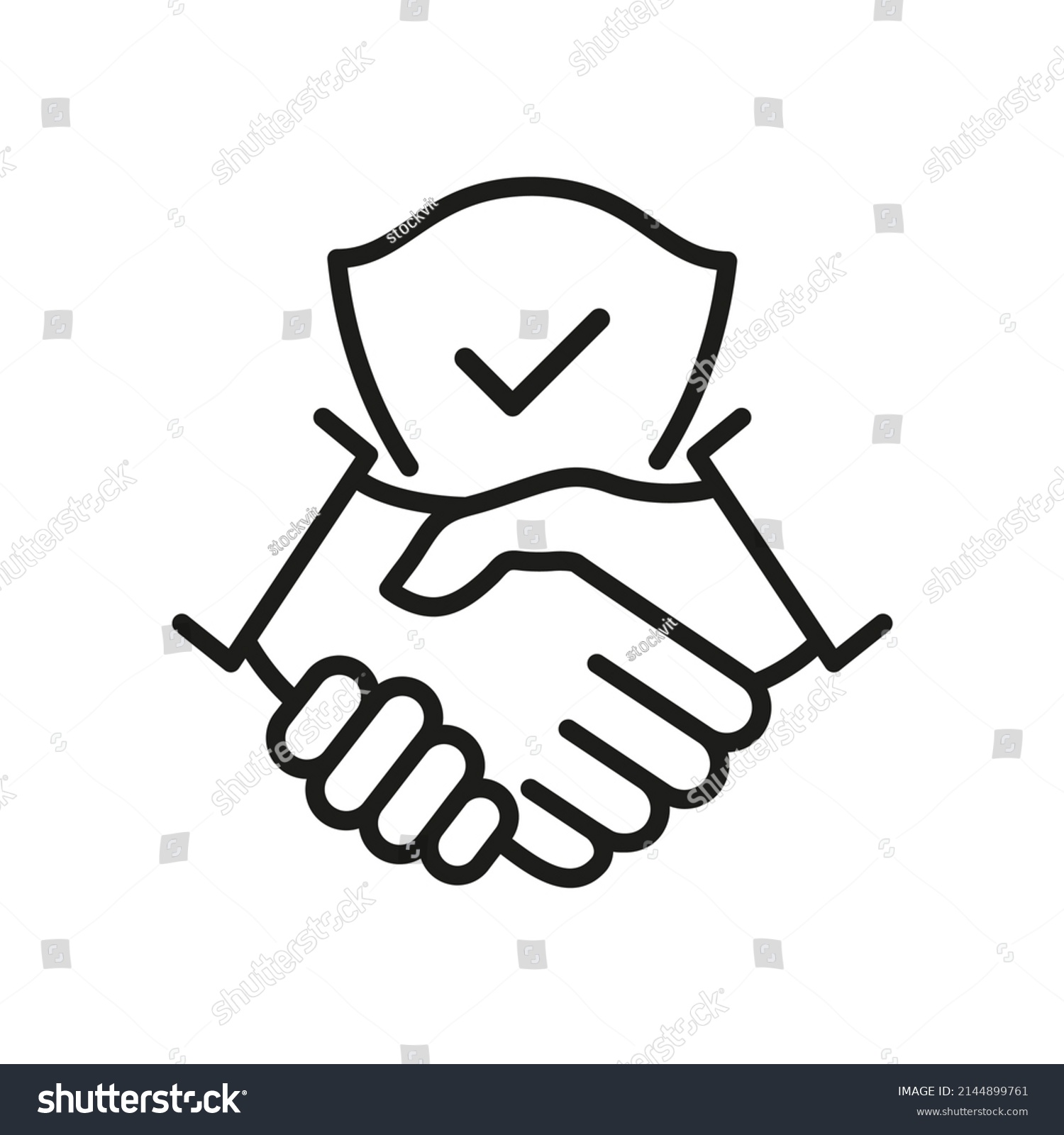 Handshake and shield line icon. International agreement concept with check mark. World partnership linear symbol. Vector isolated on white. #2144899761