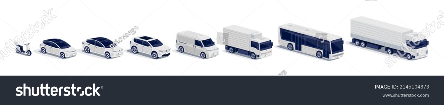 Modern cars fleet parking standing. Semi-truck, bus, truck, van, motorcycle scooter, business vehicle, sedan family car, suv, small passenger car. Vector object icons illustration on white background. #2145104873